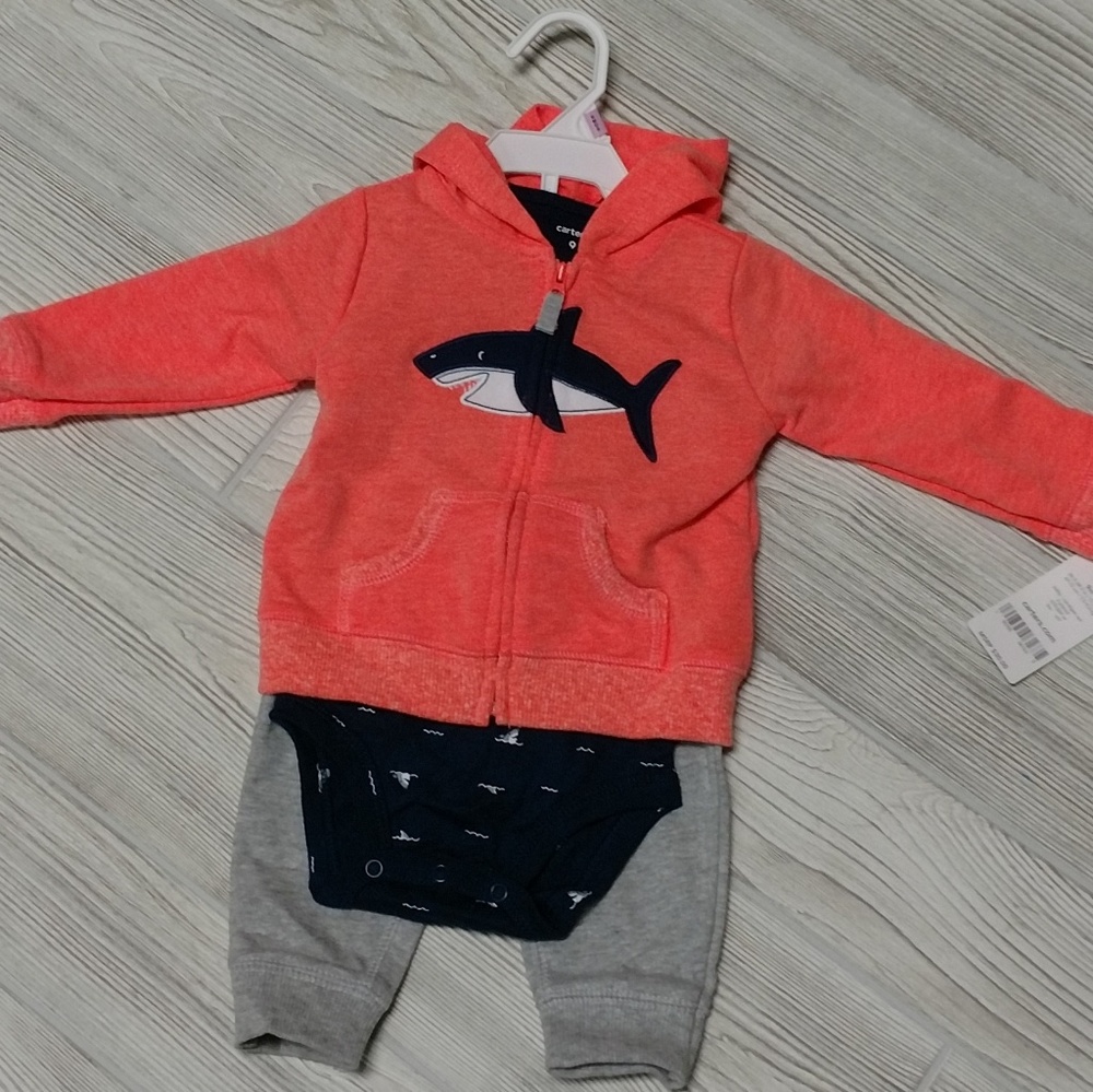 Carters shark onesie, sweatshirt and jogger combo.